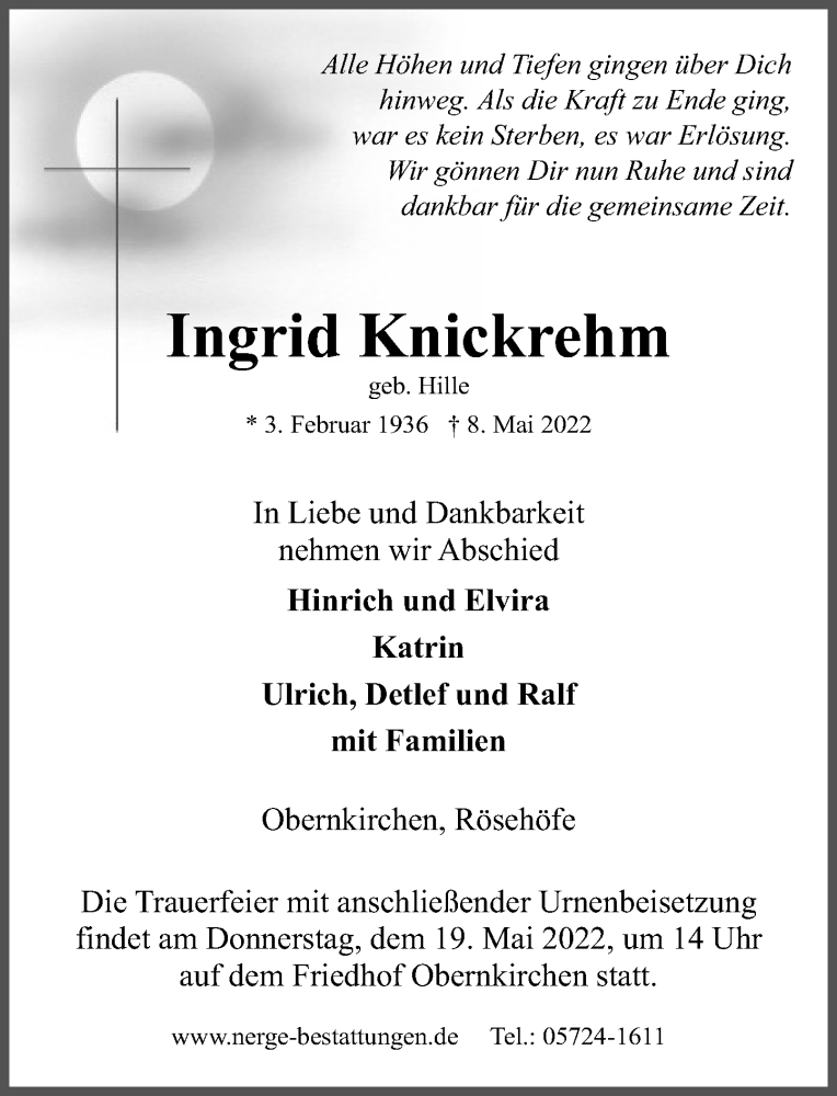  Traueranzeige für Ingrid Knickrehm vom 14.05.2022 aus Schaumburger Nachrichten