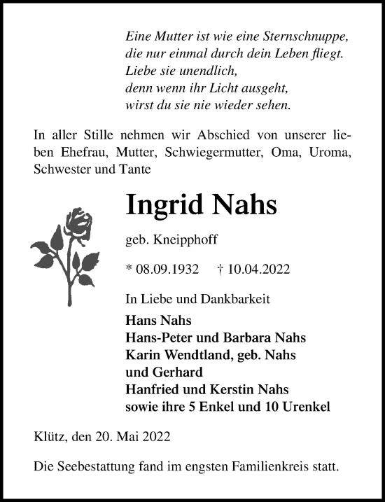Traueranzeige von Ingrid Nahs von Ostsee-Zeitung GmbH