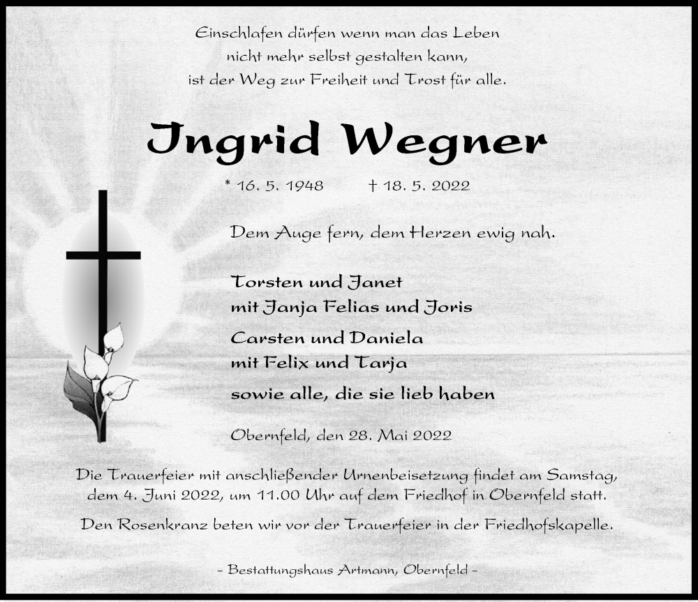  Traueranzeige für Ingrid Wegner vom 28.05.2022 aus Eichsfelder Tageblatt