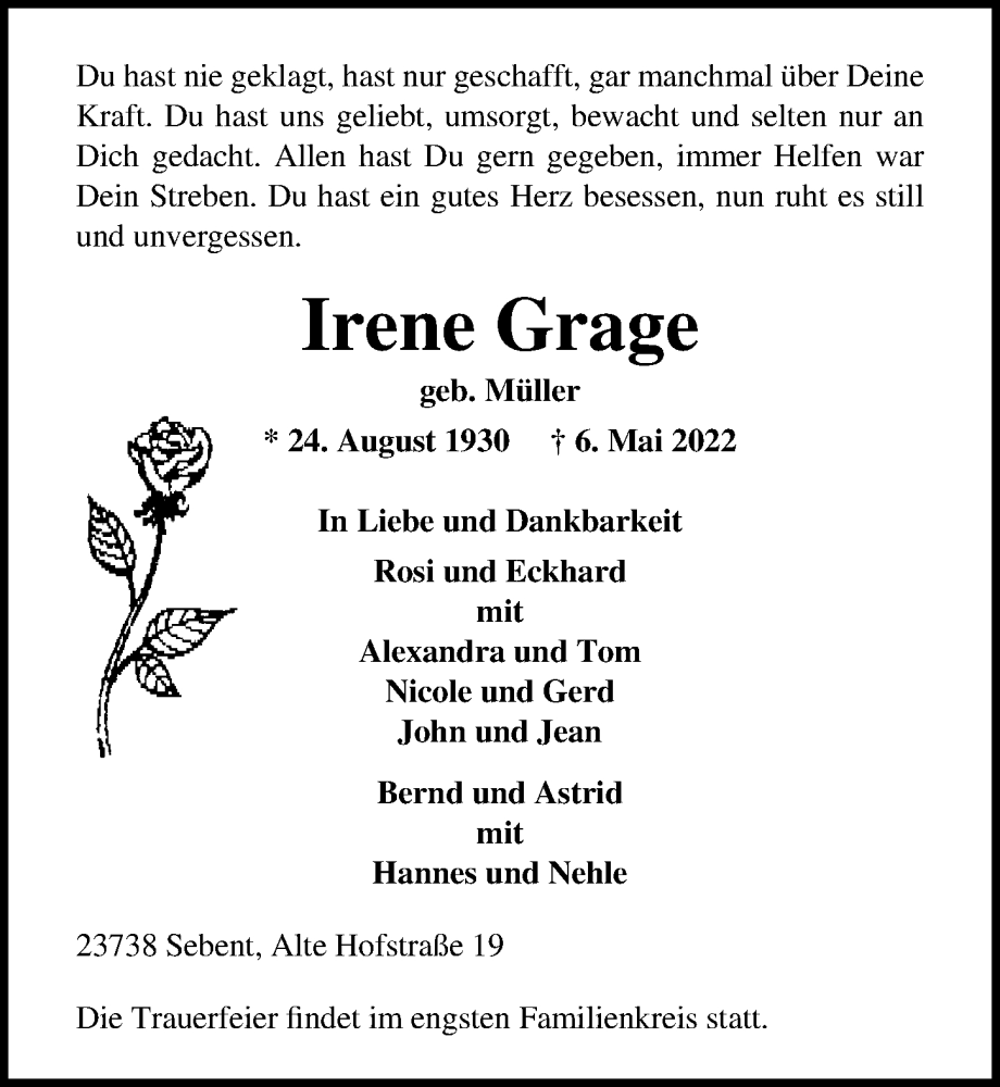  Traueranzeige für Irene Grage vom 11.05.2022 aus Lübecker Nachrichten