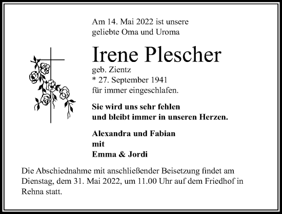 Traueranzeige von Irene Plescher von Ostsee-Zeitung GmbH
