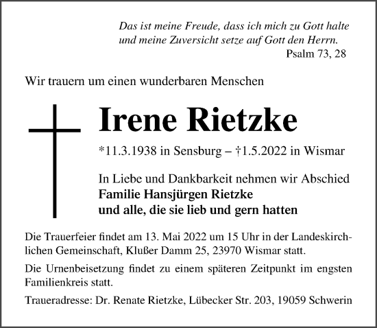 Traueranzeige von Irene Rietzke von Ostsee-Zeitung GmbH
