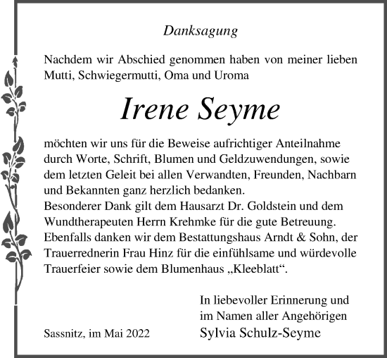Traueranzeige von Irene Seyme von Ostsee-Zeitung GmbH
