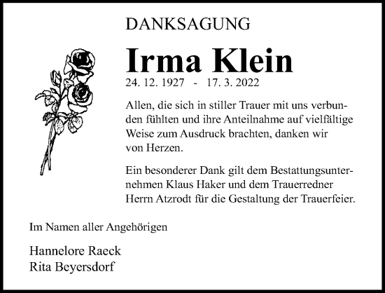 Traueranzeige von Irma Klein von Ostsee-Zeitung GmbH