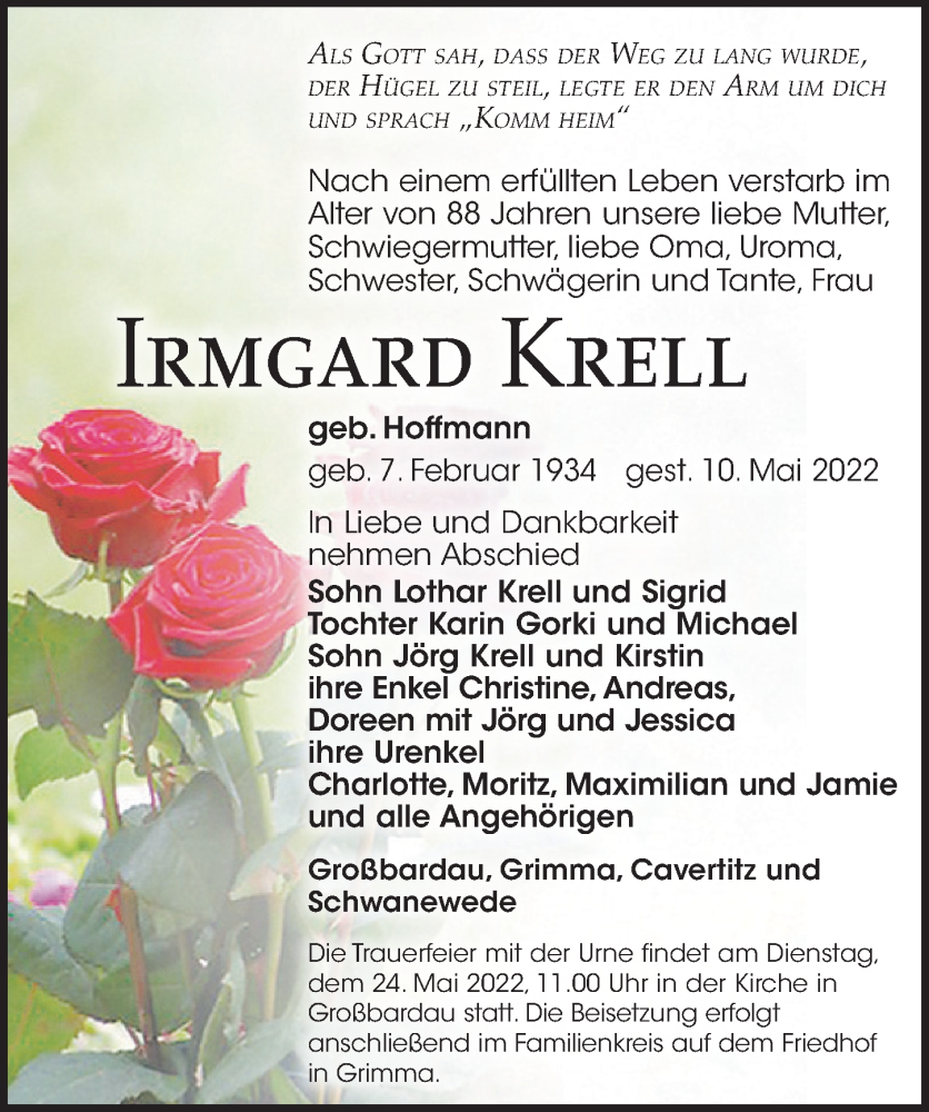  Traueranzeige für Irmgard Krell vom 14.05.2022 aus Leipziger Volkszeitung