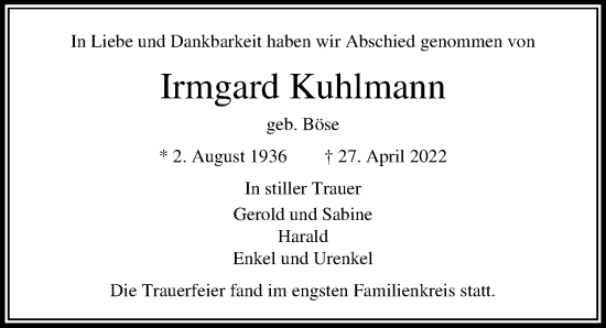 Traueranzeige von Irmgard Kuhlmann von Lübecker Nachrichten