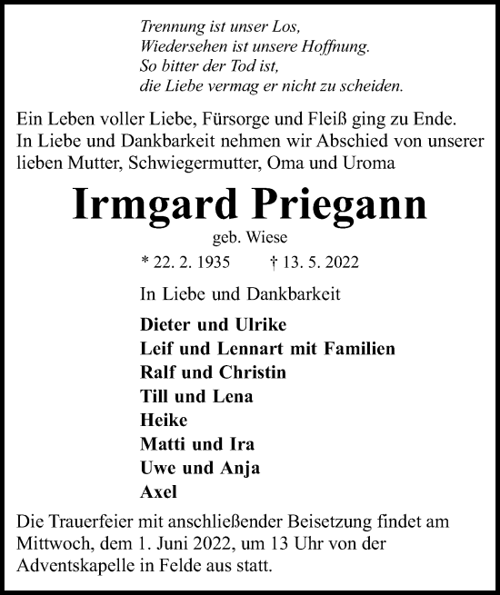 Traueranzeige von Irmgard Priegann von Kieler Nachrichten