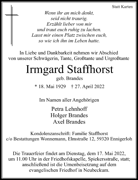 Traueranzeige von Irmgard Staffhorst von Peiner Allgemeine Zeitung