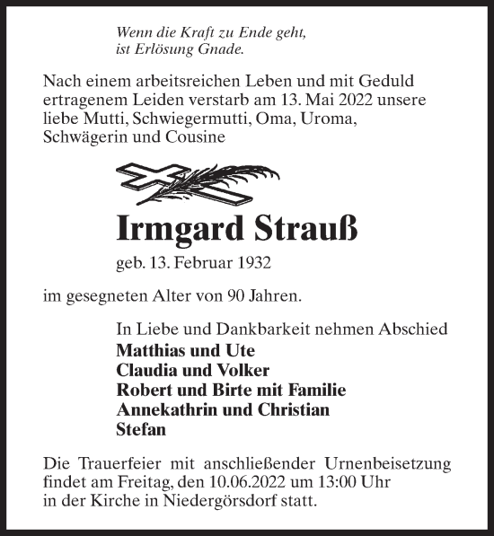 Traueranzeige von Irmgard Strauß von Märkischen Allgemeine Zeitung