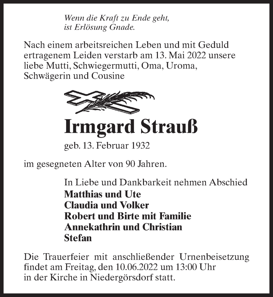  Traueranzeige für Irmgard Strauß vom 21.05.2022 aus Märkischen Allgemeine Zeitung
