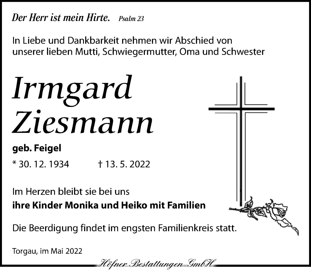  Traueranzeige für Irmgard Ziesmann vom 18.05.2022 aus Torgauer Zeitung