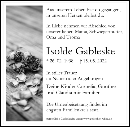 Traueranzeige von Isolde Gableske von Märkischen Allgemeine Zeitung