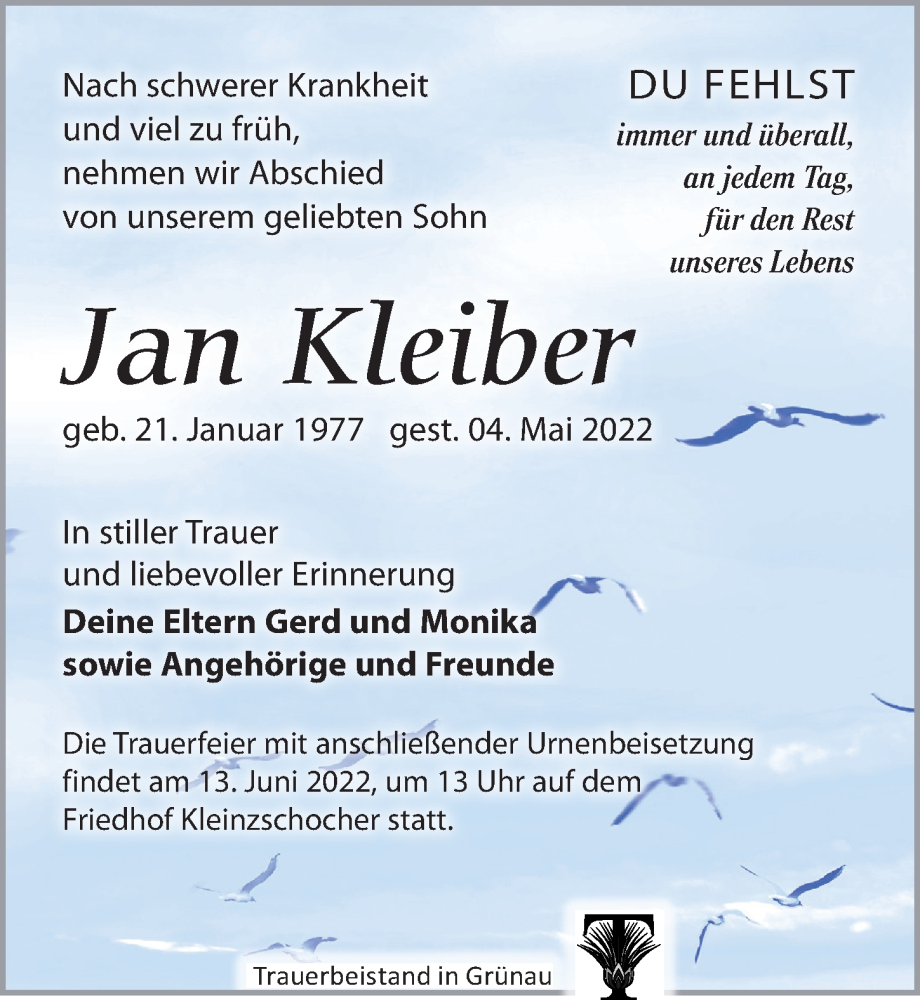  Traueranzeige für Jan Kleiber vom 21.05.2022 aus Leipziger Volkszeitung