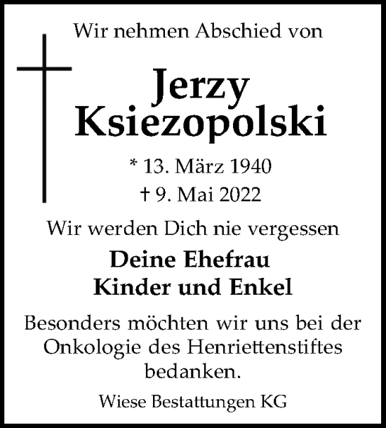 Traueranzeige von Jerzy Ksiezopolski von Hannoversche Allgemeine Zeitung/Neue Presse