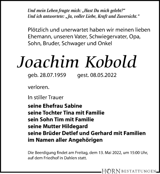 Traueranzeige von Joachim Kobold von Leipziger Volkszeitung