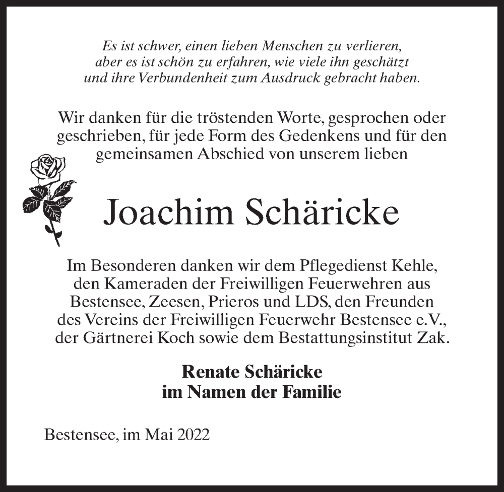  Traueranzeige für Joachim Schäricke vom 07.05.2022 aus Märkischen Allgemeine Zeitung