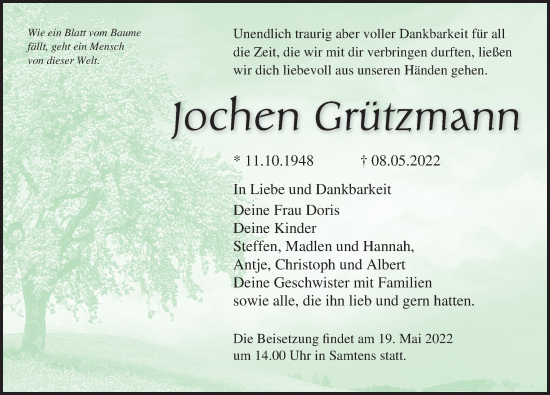 Traueranzeige von Jochen Grützmann von Ostsee-Zeitung GmbH