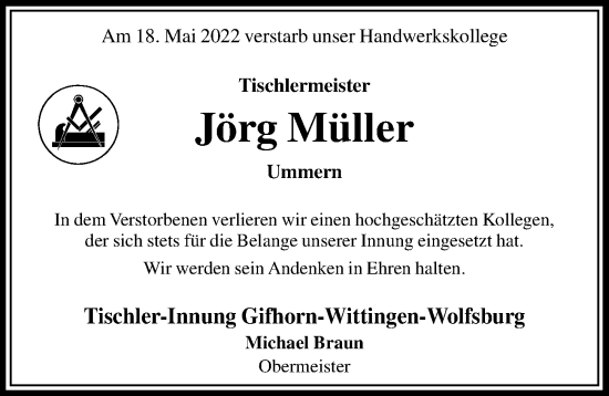Traueranzeige von Jörg Müller von Aller Zeitung