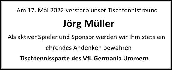 Traueranzeige von Jörg Müller von Aller Zeitung