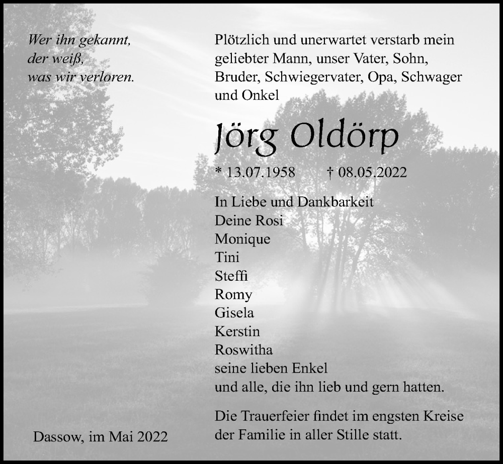  Traueranzeige für Jörg Oldörp vom 13.05.2022 aus Ostsee-Zeitung GmbH
