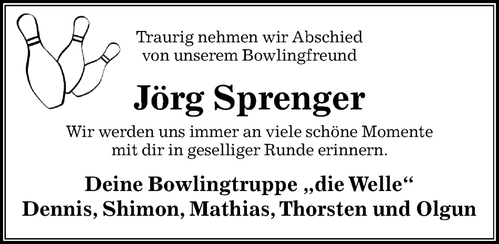  Traueranzeige für Jörg Sprenger vom 21.05.2022 aus Aller Zeitung