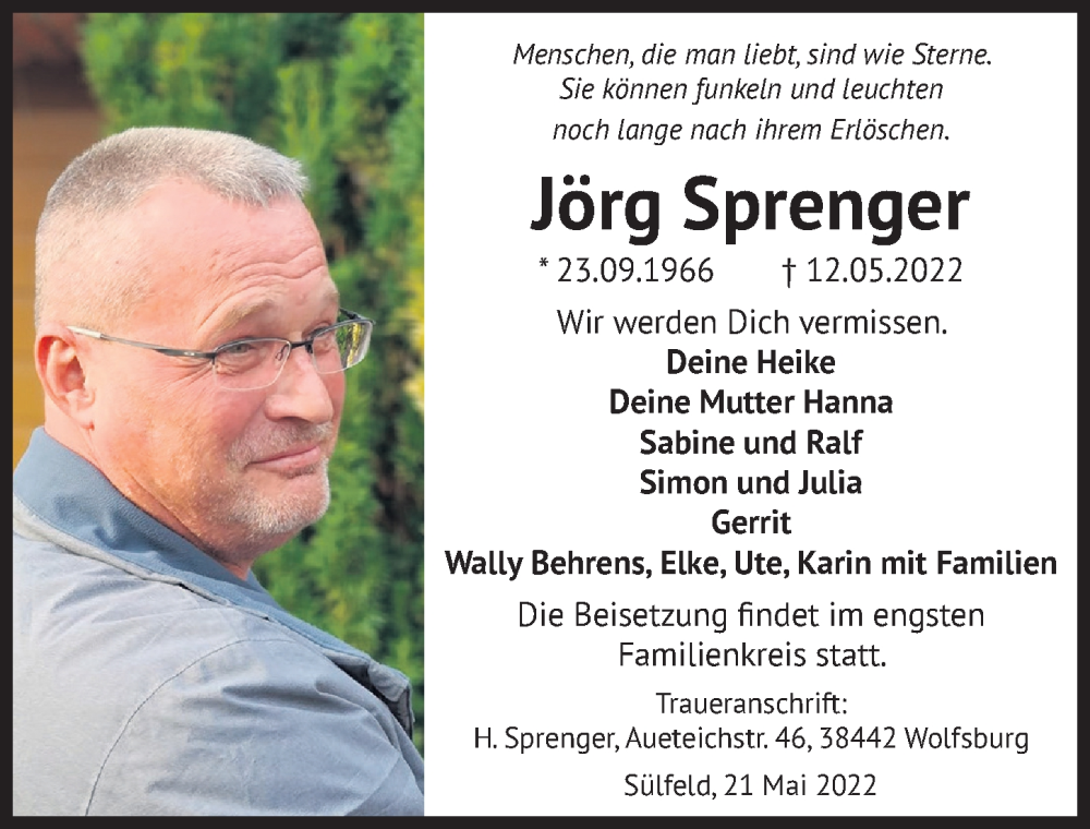  Traueranzeige für Jörg Sprenger vom 21.05.2022 aus Aller Zeitung