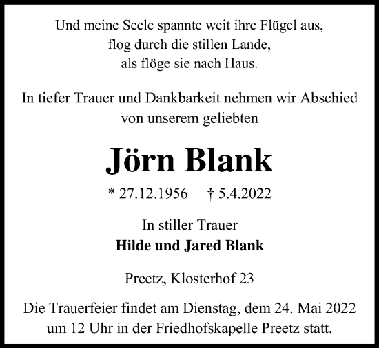 Traueranzeige von Jörn Blank von Kieler Nachrichten