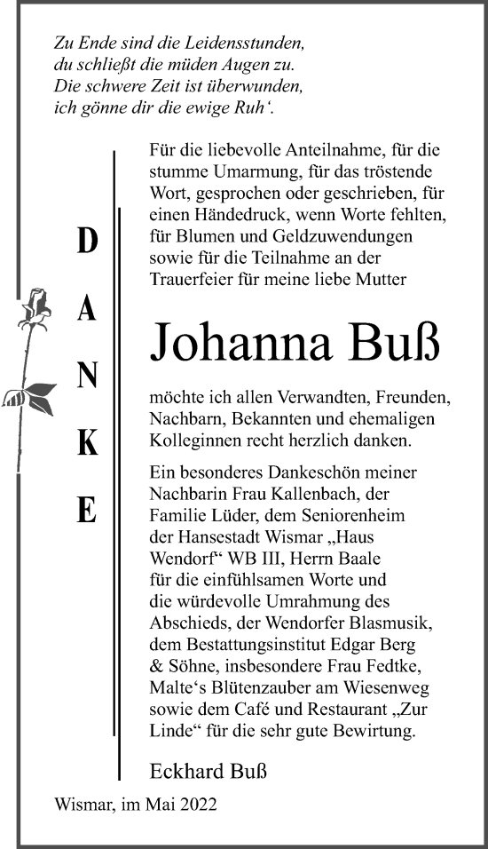 Traueranzeige von Johanna Buß von Ostsee-Zeitung GmbH