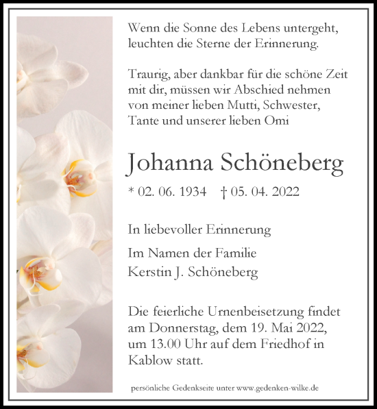 Traueranzeige von Johanna Schöneberg von Märkischen Allgemeine Zeitung
