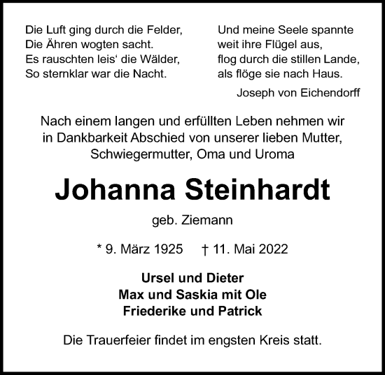 Traueranzeige von Johanna Steinhardt von Lübecker Nachrichten