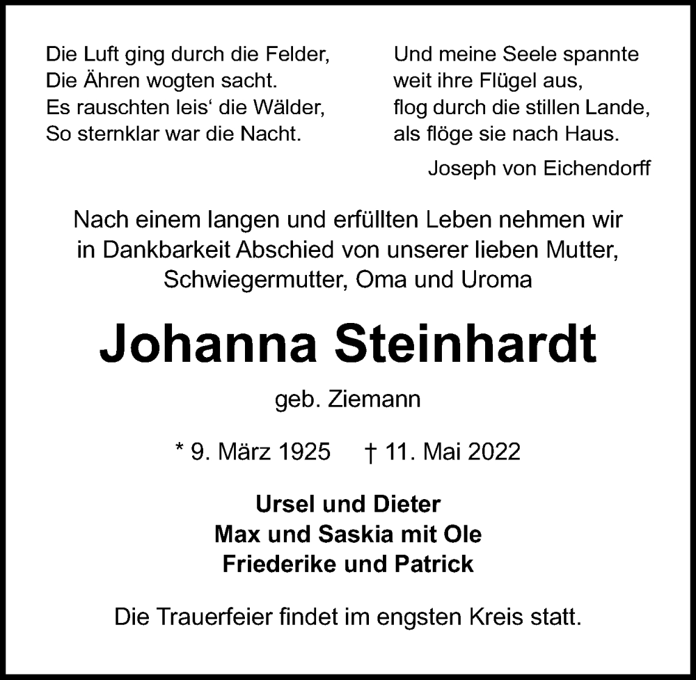  Traueranzeige für Johanna Steinhardt vom 15.05.2022 aus Lübecker Nachrichten