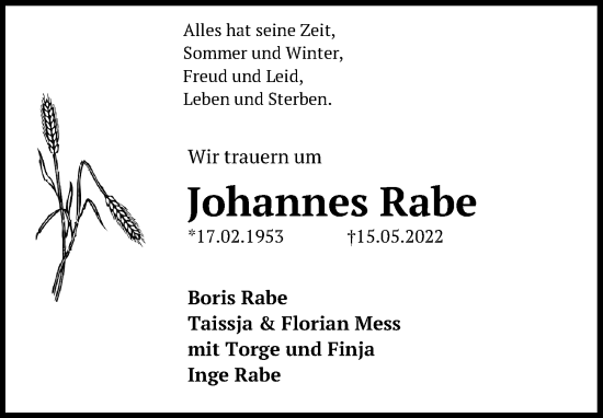 Traueranzeige von Johannes Rabe von Lübecker Nachrichten
