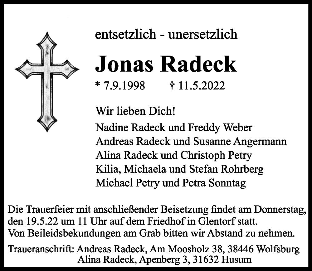  Traueranzeige für Jonas Radeck vom 17.05.2022 aus Aller Zeitung