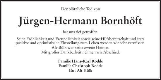 Traueranzeige von Jürgen-Hermann Bornhöft von Kieler Nachrichten