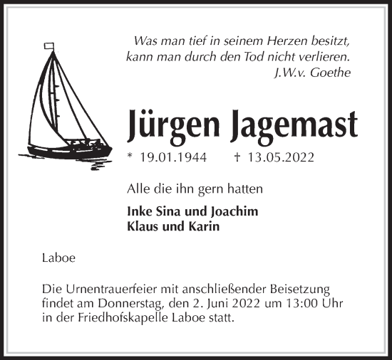 Traueranzeige von Jürgen Jagemast von Kieler Nachrichten