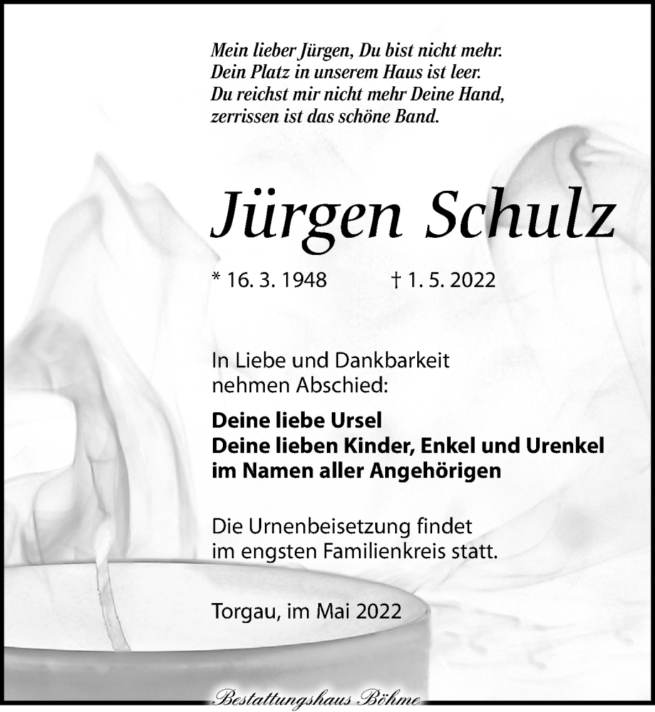  Traueranzeige für Jürgen Schulz vom 07.05.2022 aus Torgauer Zeitung