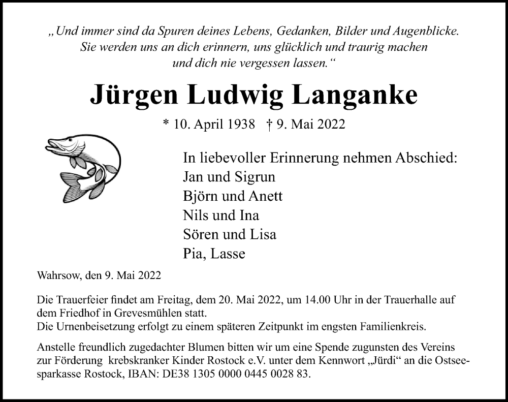  Traueranzeige für Jürgen Ludwig Langanke vom 14.05.2022 aus Lübecker Nachrichten