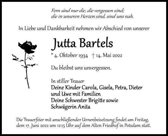Traueranzeige von Jutta Bartels von Märkischen Allgemeine Zeitung