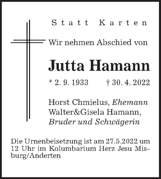 Traueranzeige von Jutta Hamann von Hannoversche Allgemeine Zeitung/Neue Presse