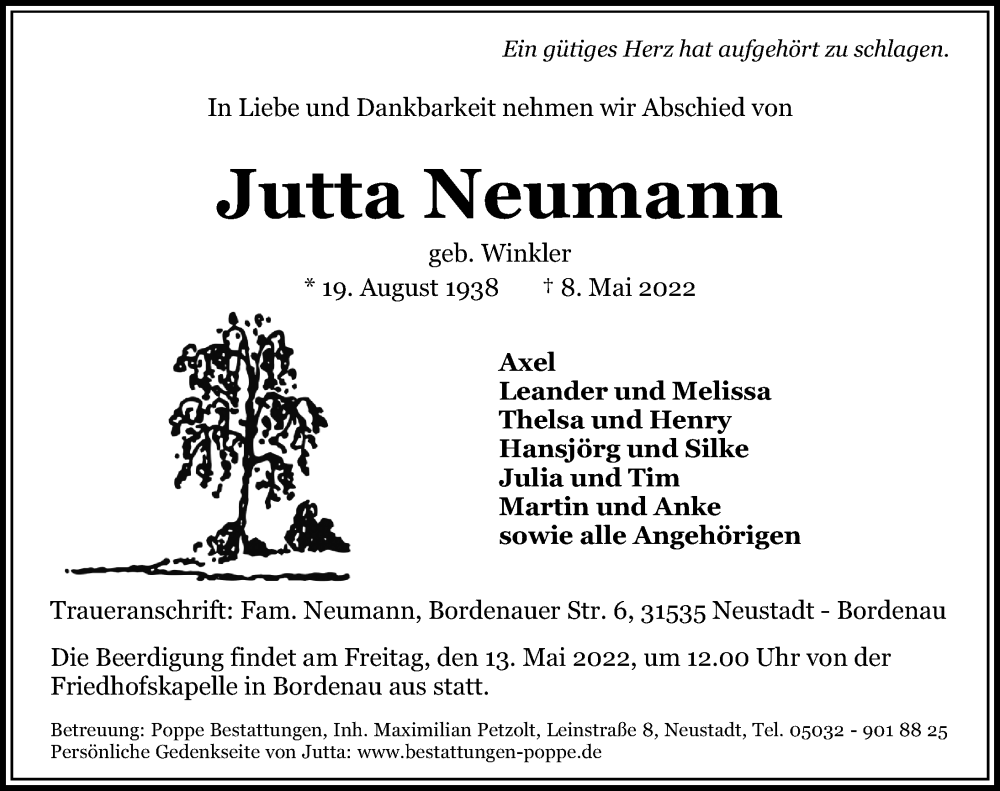  Traueranzeige für Jutta Neumann vom 11.05.2022 aus Hannoversche Allgemeine Zeitung/Neue Presse
