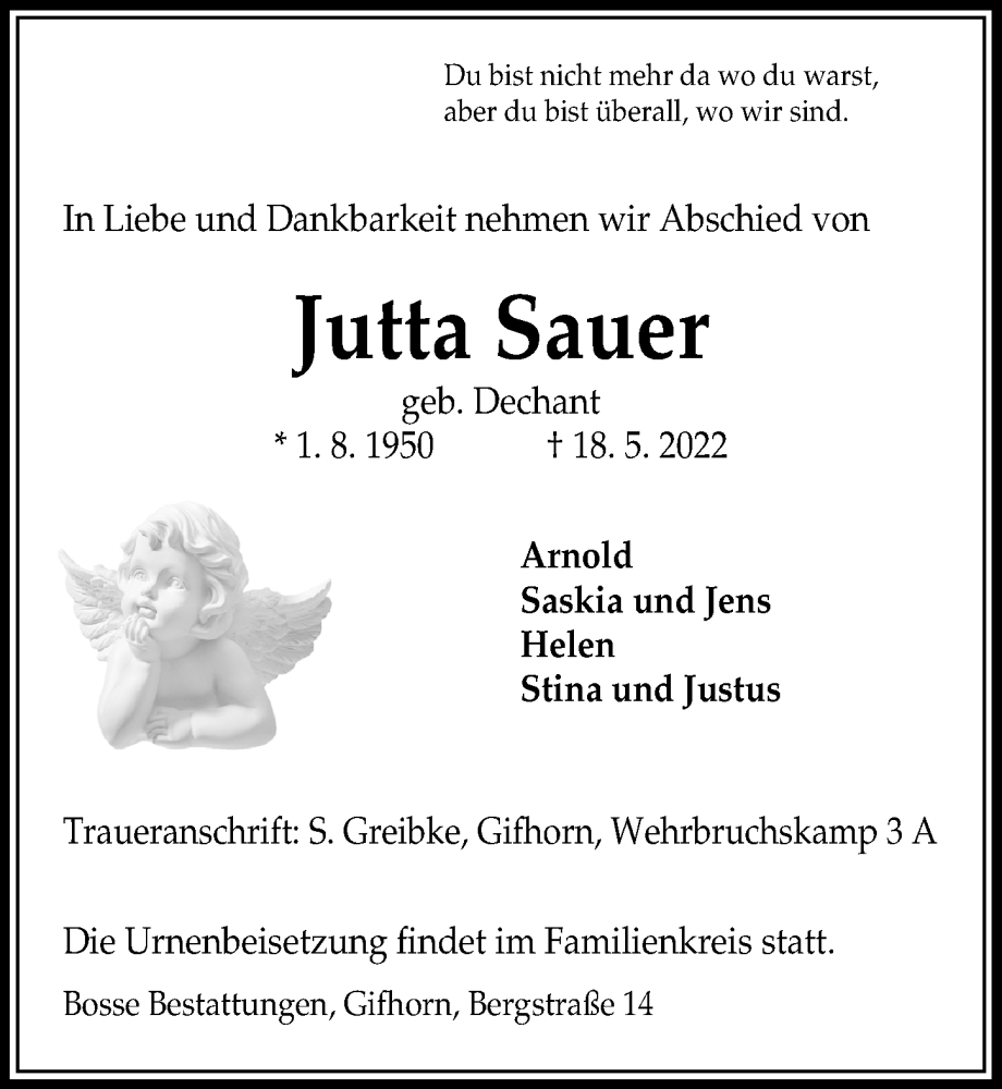  Traueranzeige für Jutta Sauer vom 21.05.2022 aus Aller Zeitung