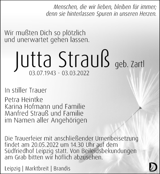 Traueranzeige von Jutta Strauß von Leipziger Volkszeitung