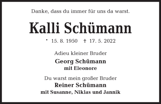 Traueranzeige von Kalli Schümann von Kieler Nachrichten
