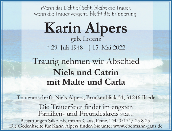 Traueranzeige von Karin Alpers von Peiner Allgemeine Zeitung