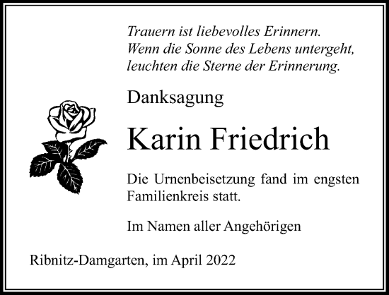 Traueranzeige von Karin Friedrich von Ostsee-Zeitung GmbH