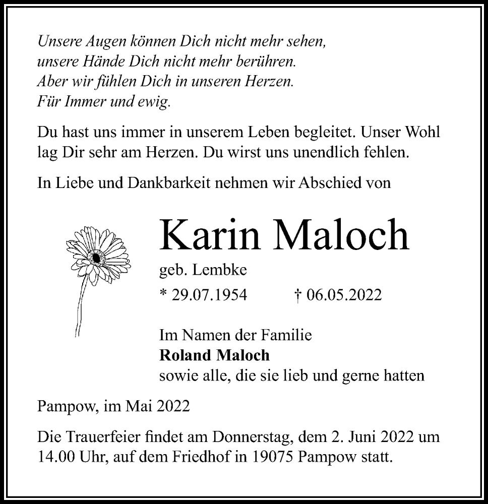  Traueranzeige für Karin Maloch vom 21.05.2022 aus Ostsee-Zeitung GmbH