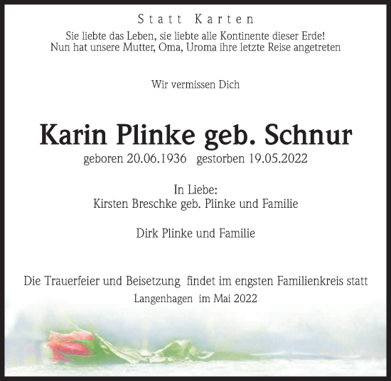 Traueranzeige von Karin Plinke von Hannoversche Allgemeine Zeitung/Neue Presse