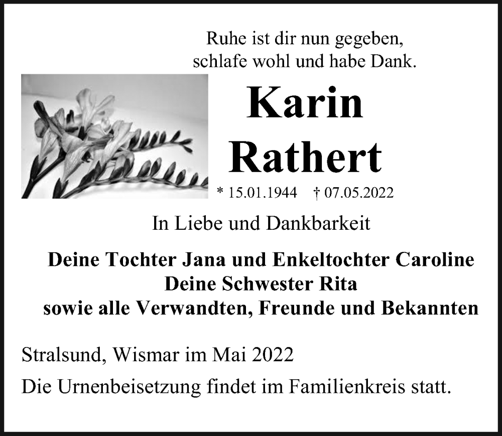  Traueranzeige für Karin Rathert vom 21.05.2022 aus Ostsee-Zeitung GmbH