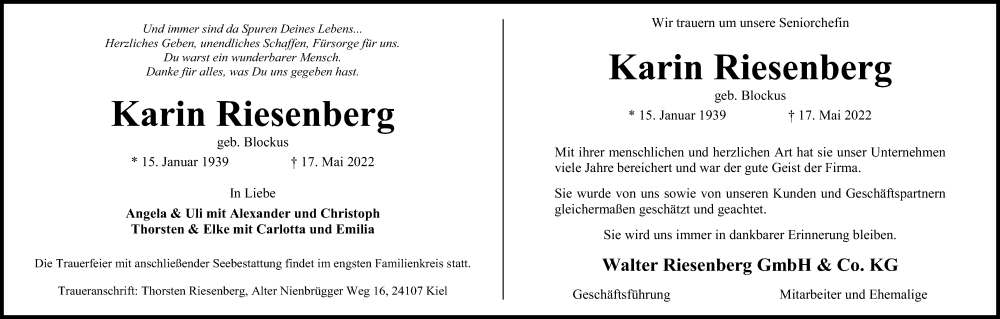  Traueranzeige für Karin Riesenberg vom 21.05.2022 aus Kieler Nachrichten