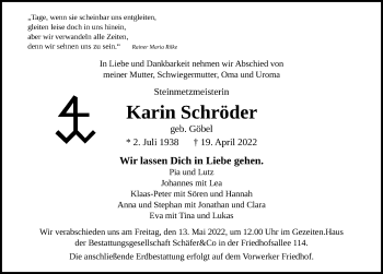 Traueranzeige von Karin Schröder von Lübecker Nachrichten